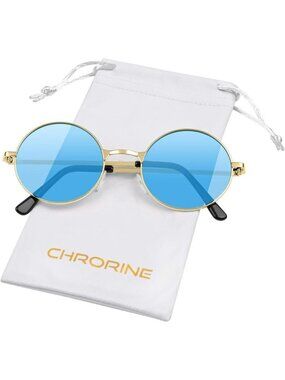 Chrorine Women's Gold Frame Blue Lens Hippie Round 70s Retro Sun Glasses